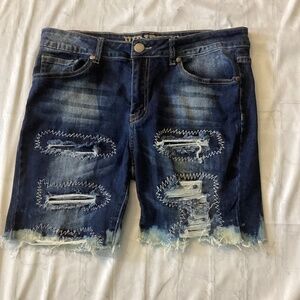 VIP DISTRESSED REPAIR DENIM SHORTS  ( Size: 13/14) ( Multi Color Blu)  PREOWNED